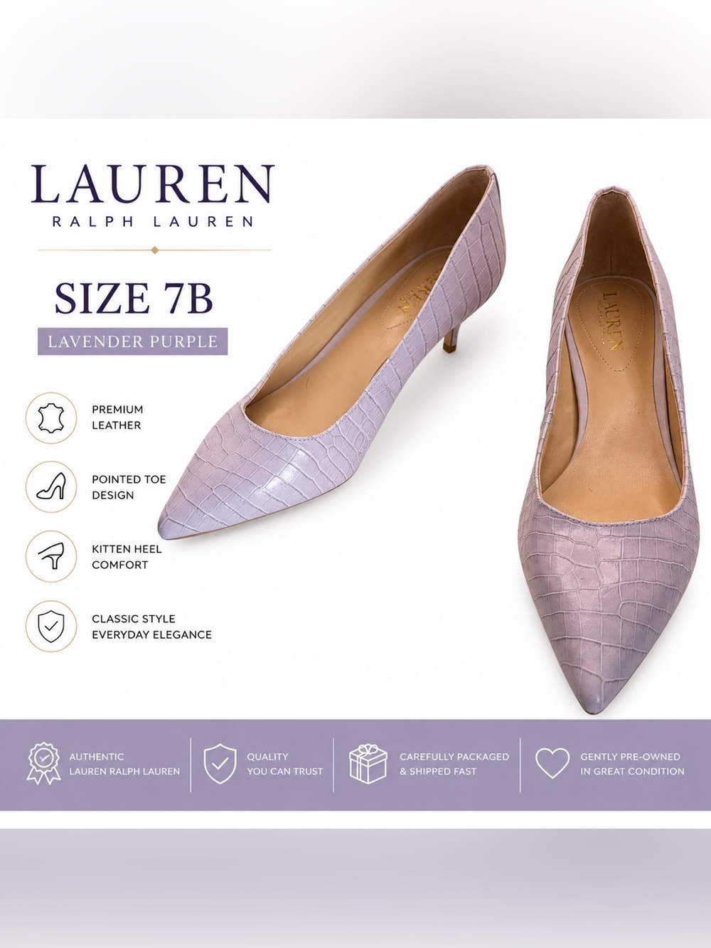 Lauren Ralph Lauren Lavender Purple Croc-Embossed Kitten Heels Size 7